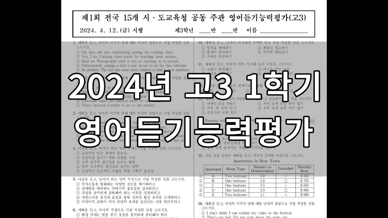 2024년 고3 1학기 영어듣기능력평가(문제마다 정답 표시됨)