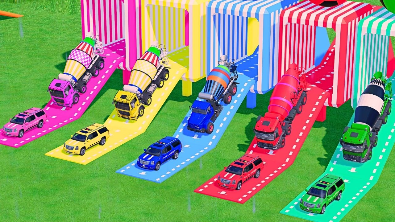 TRANSPORTING POLICE CARS, AMBULANCE, FIRE TRUCK, COLORFUL CARS WITH MIXER TRUCK ! FS22 #44