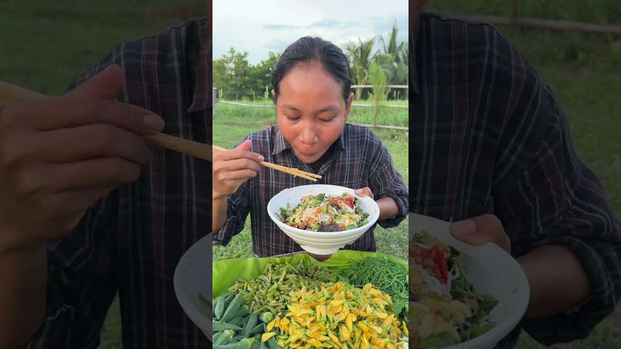 បេះបន្លែជុំវិញចម្ការ ធ្វើល្បោយនំបញ្ចុកទឹកប្រហុក