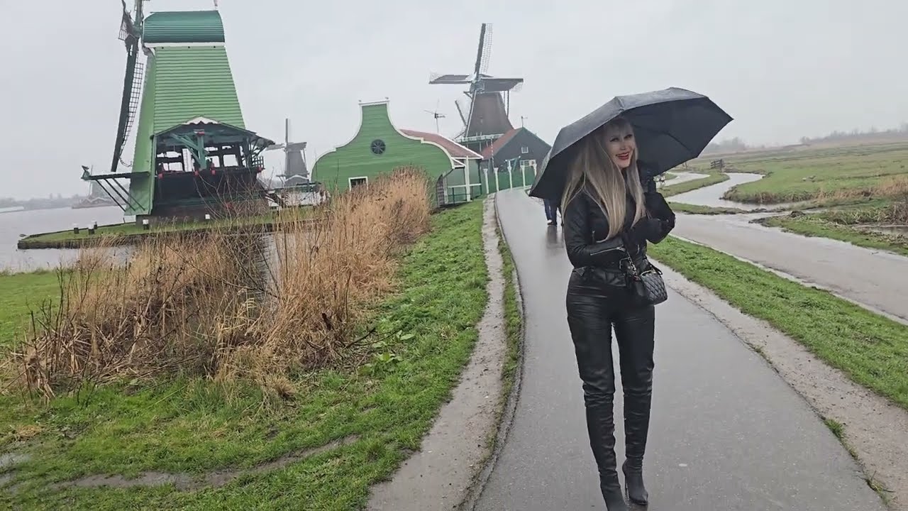 4K,Granate Travelling walking in public, Zaanse Schans windmills, crotch high boots 