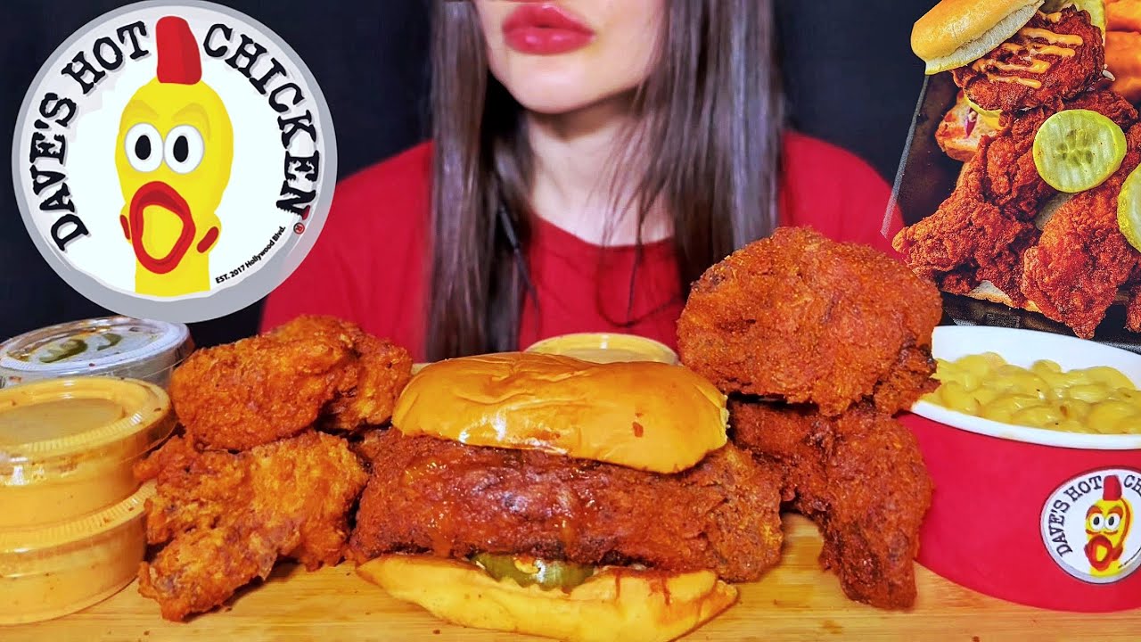 ASMR EATING DAVE'S HOT CHICKEN BURGER, MAC AND CHEESE | FAST FOOD MUKBANG
