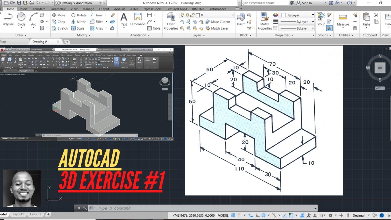 AutoCAD tutorial in Amharic: AutoCAD 3D Exercise | 3D Example Tutorial -1 # 14