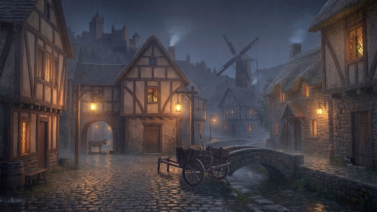 Peaceful Village Medieval Ambience | Best Rain in the Village at Night | Sleep Deeply w/ Rain Sounds