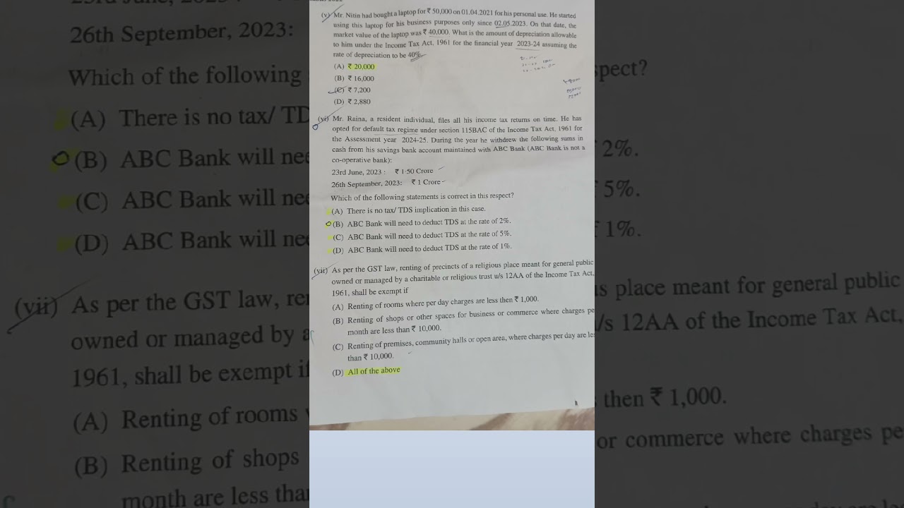 MCQ Direct tax and Indirect tax CMA inter December 2024 previous year questions