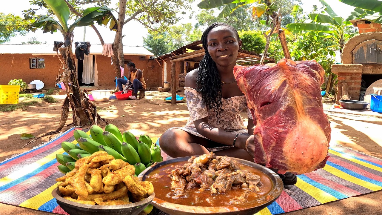 Rainy 🌧 Afternoon in African village Cooking Delicious Beef Stew Dinner on 3 Stone Stove