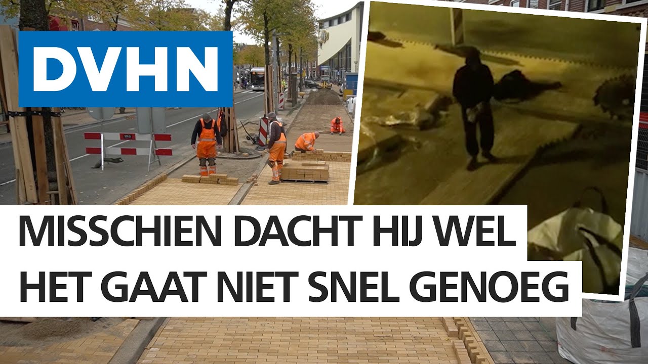 Nachtelijke stratenmaker aan de bak op Zuiderdiep in Groningen