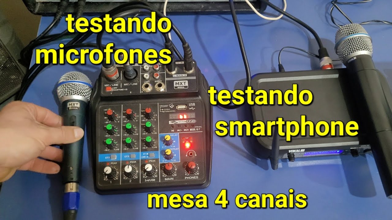 Testando microfones com fio e sem fio testando smartphone mesa de som 4 canais(vídeo feito a pedido)
