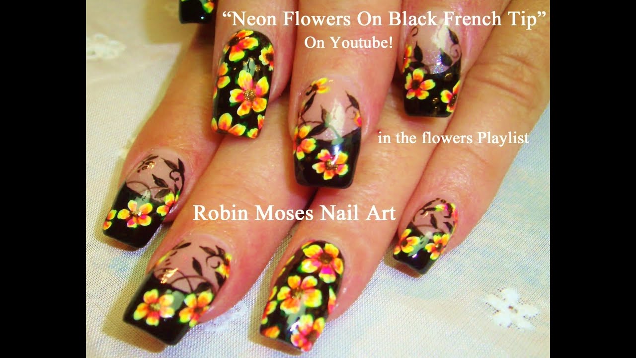 DIY Flower Nails | Neon flowers With Black Tips Nail Design Tutorial