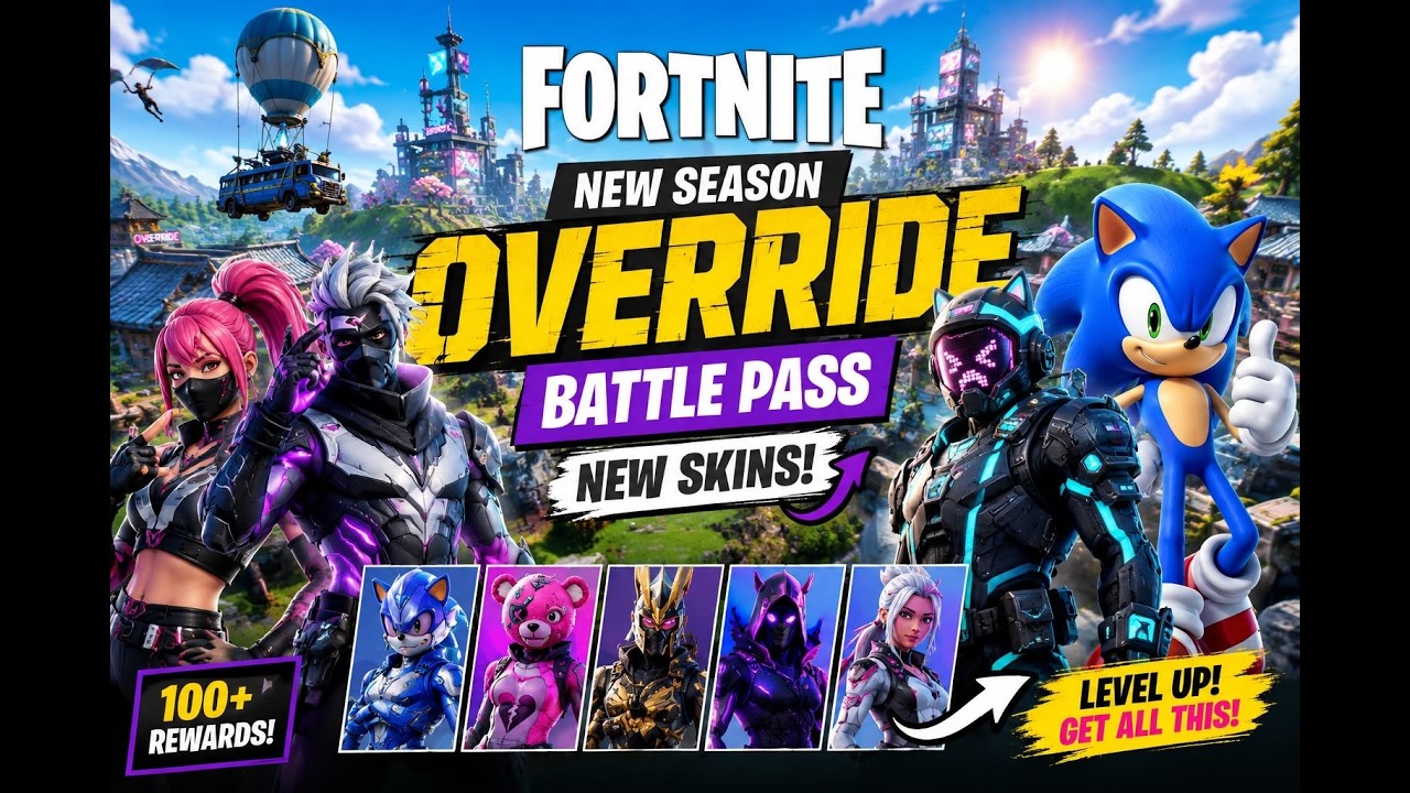 FORTNITE OVERRIDE BATTLE PASS🔥 ALL NEW SKINS, EMOTES & SONIC!⚡#fornite #fornitebattlepass #gameplay