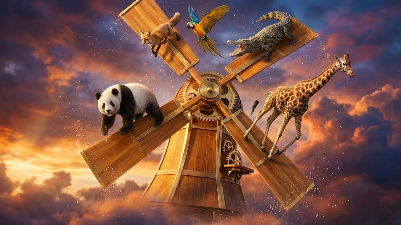 ASMR Dangerous Sky Run! Baby Panda & Friends Balancing on Giant Spinning Windmill Blades Real 4K