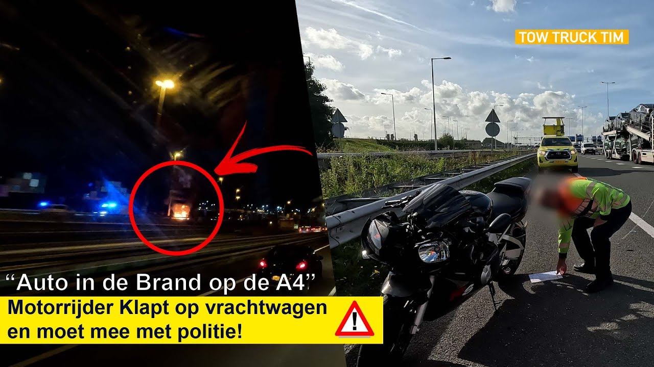 MOTORRIJDER KLAPT ACHTEROP VRACHTWAGEN EN VOERTUIG IN BRAND OP DE A4!!