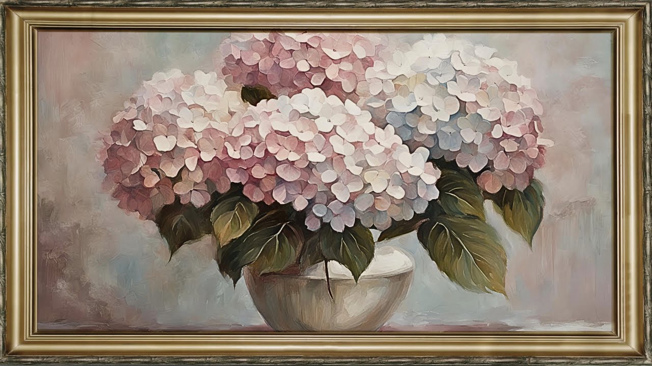 FRAMED TV ART FALL SCREENSAVER BACKGROUND FRAMED HYDRANGEA FLORAL PAINTING NO SOUND WALLPAPER 4K