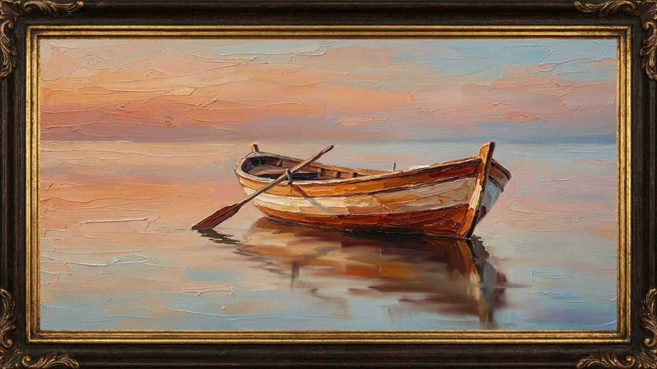Silent Tide | Pastel Sunset Rowboat Reflection | Minimalist Coastal Impressionist Art (4K Framed)