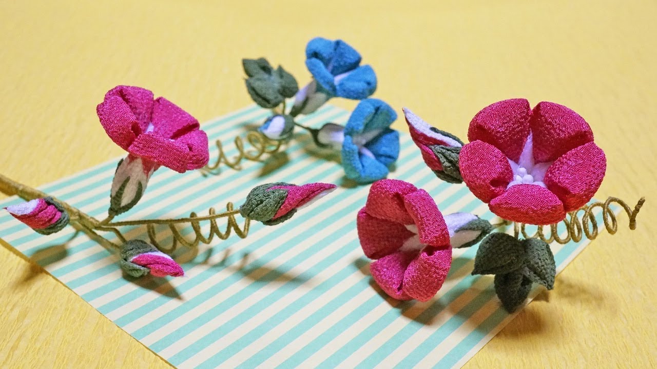 つまみ細工/どこから見ても朝顔part1/蕾・葉・ツルを作る/アサガオの作り方/kanzashi flower/vol.28