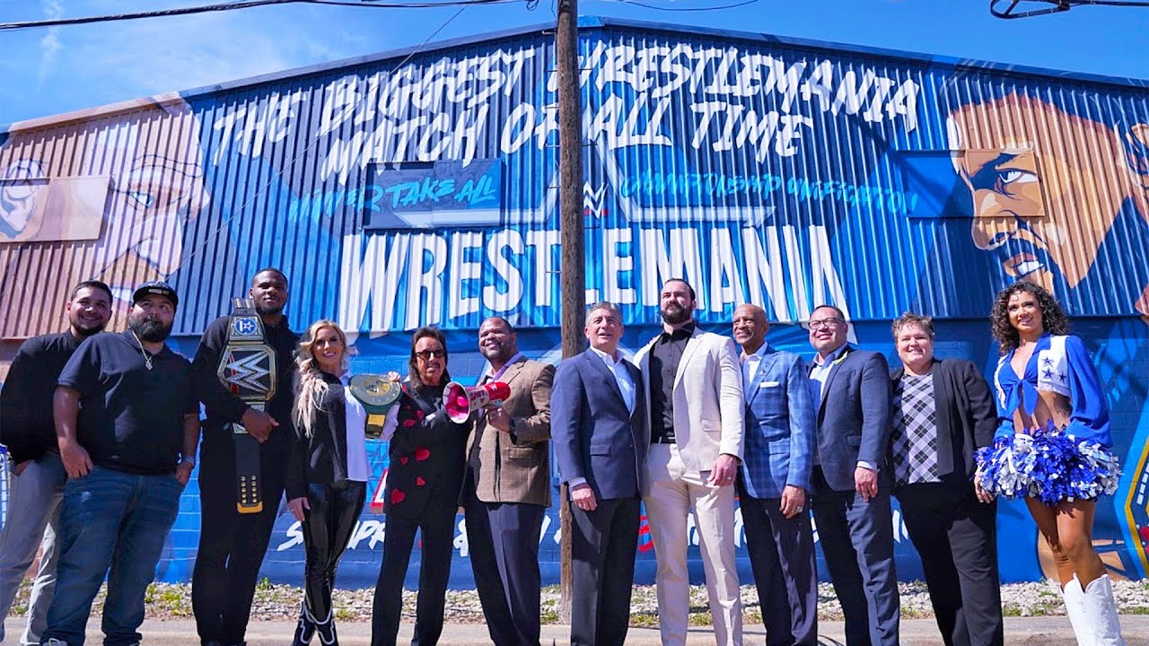 A stupendous mural is unveiled in Dallas to celebrate the site of WrestleMania 38
