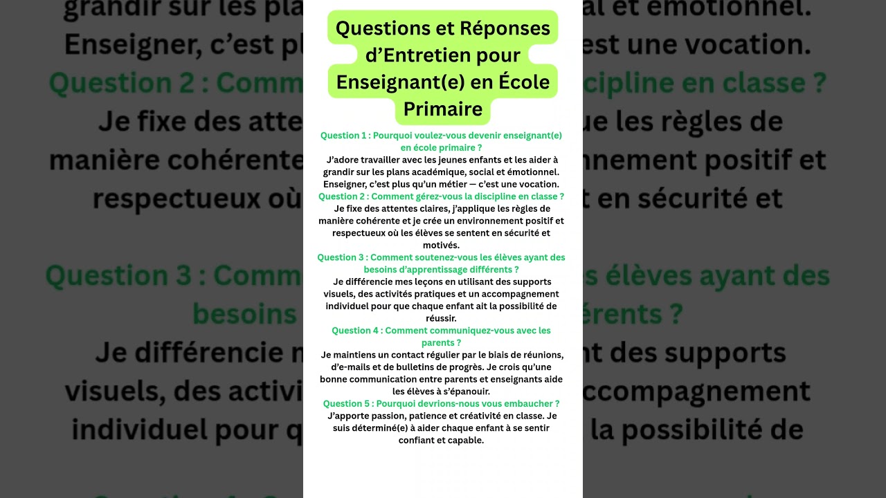 Top 5 Questions d&rsquo;Entretien pour Enseignant(e) en &Eacute;cole Primaire avec R&eacute;ponses