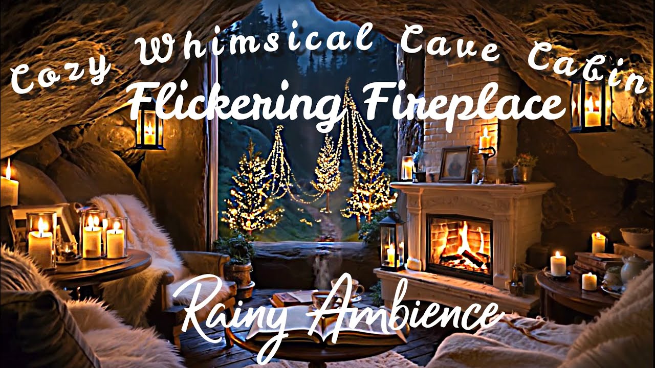 🌲📚☕️Cozy Whimsical Rainy Cave Cabin In Woods | Flickering Fireplace | Relaxing Ambience🍄