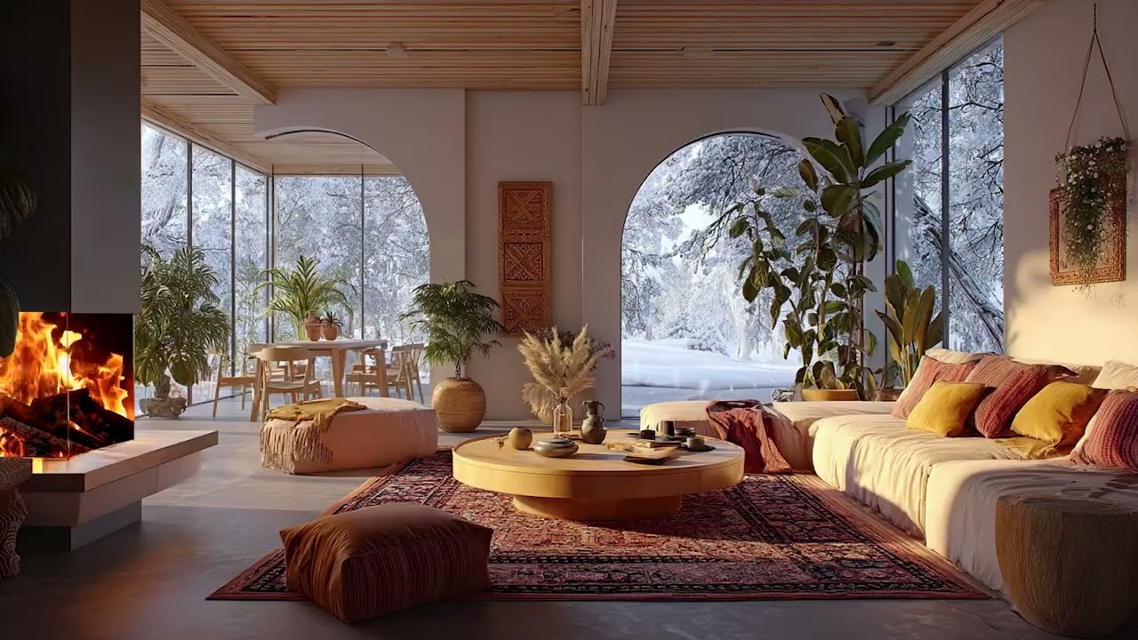 Snow Wind and Crackling Fireplace White Noise for Deep Sleep, Anxiety Relief and Cozy Nights