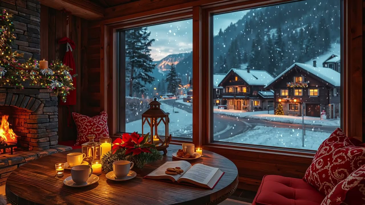 Cozy Christmas Jazz Piano with Fireplace Sounds ❄️ Peaceful Window View & Cabin Ambience for Relax