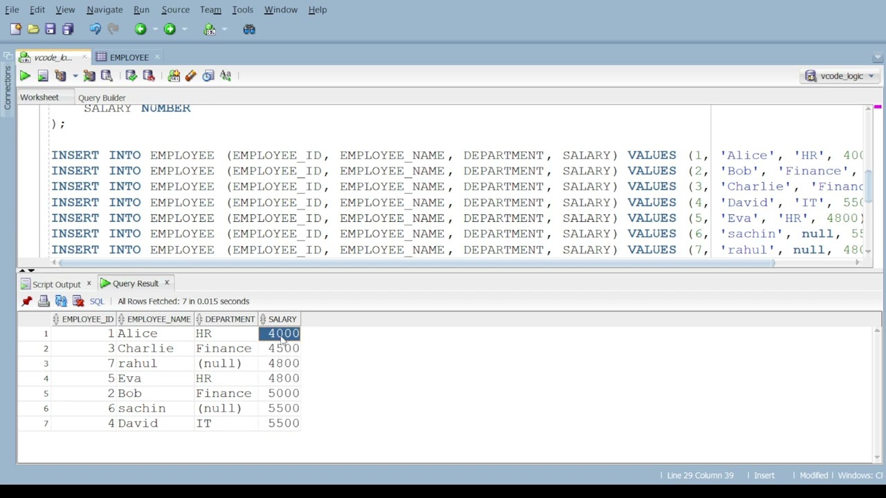ORDER BY CLAUSE IN ORACLE | Order by with NULL | Order by with multiple columns | Descending order