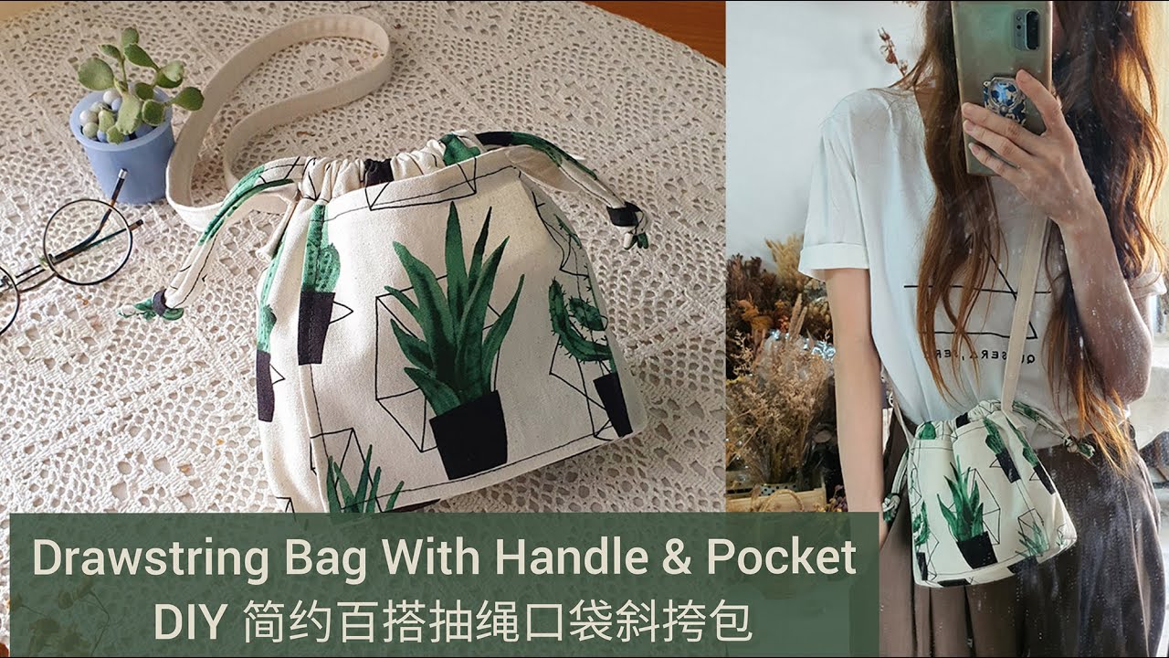 How to make a drawstring bag with handle & pocket | 简约百搭抽绳口袋斜挎包
