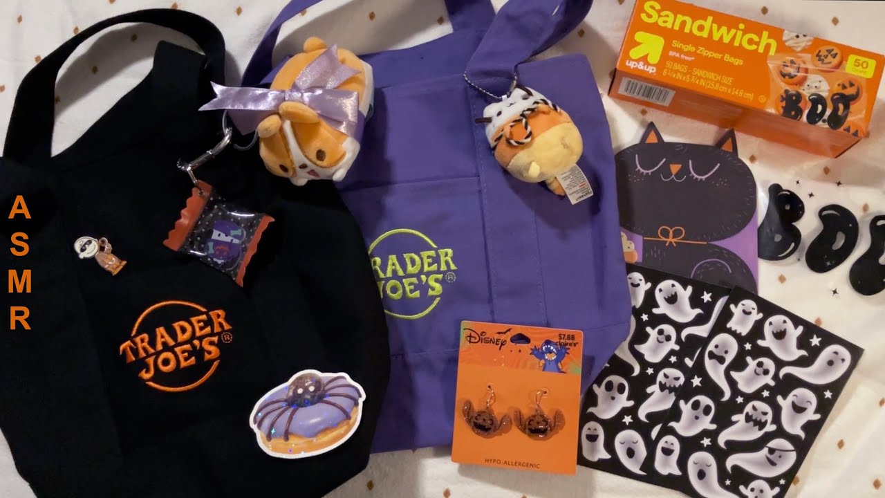 ASMR Halloween Haul #3 (Trader Joe's mini totes, spider donut, earrings, stickers)