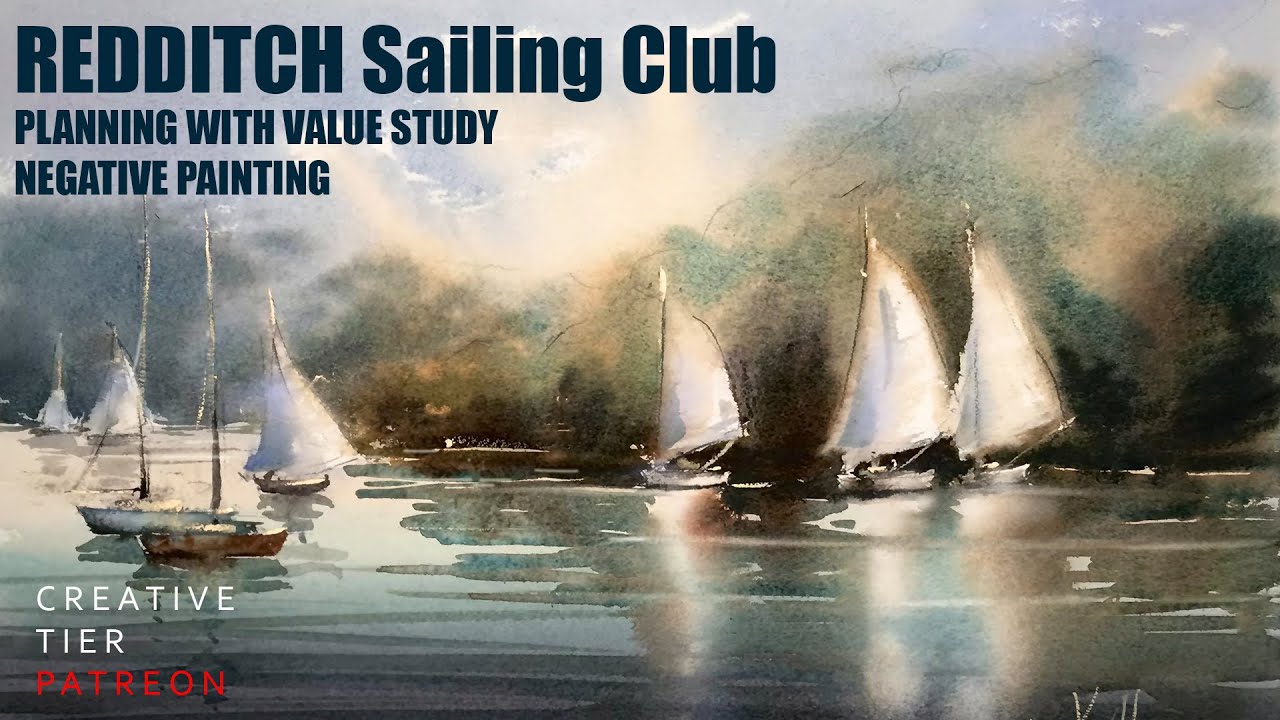 Loose Watercolor Painting Boats and Luminous Reflection Seascape