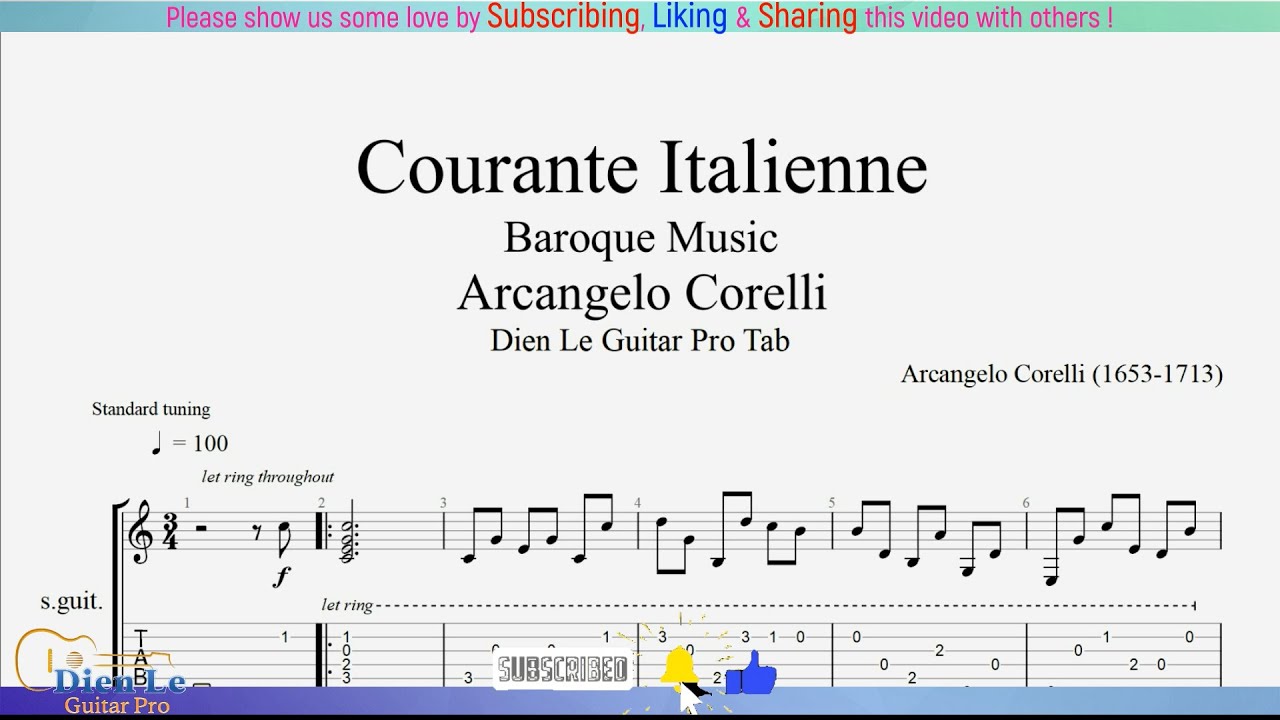 For Classical Guitar with TABs - Arcangelo Corelli - Courante Italienne (Baroque music)