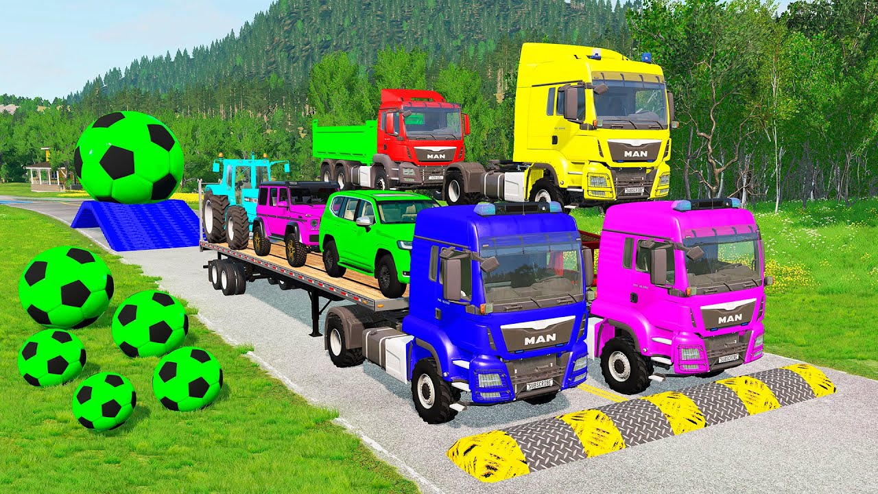 Triple Flatbed Trailer McQueen Transportation with Truck - Speedbumps vs Cars vs Train - BeamNG #18