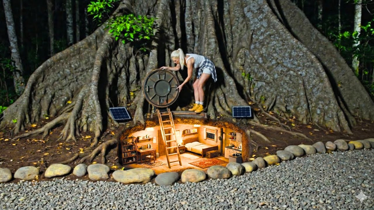 Building a House in the Forest ASMR - A Woman Builds a Hidden Underground Shelter Beneath a Giant