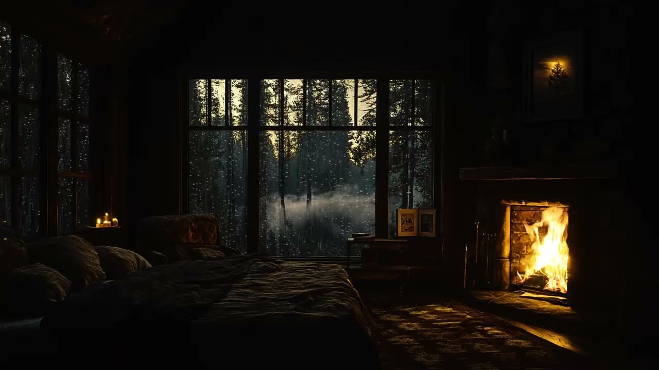 Cozy Midnight Rain & Fireplace 🌙 Soft Thunder Sounds to Calm Your Thoughts and Sleep Fast