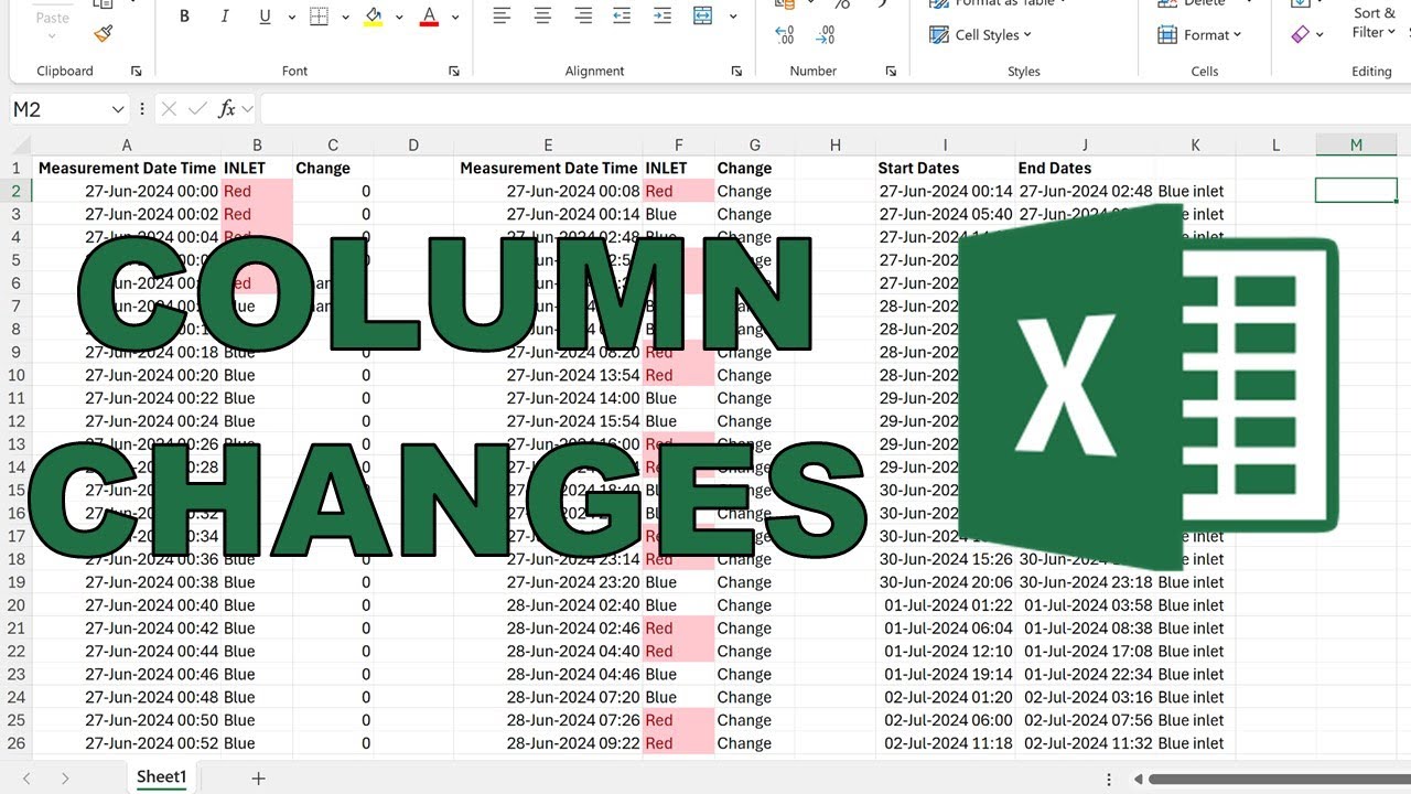 Find when a value in a column changes in excel