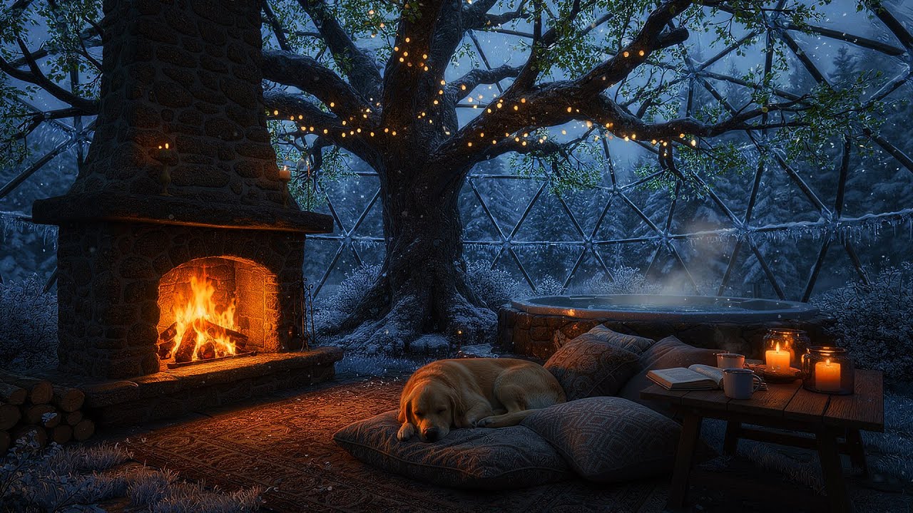 Cozy Fireplace Night with Sleeping Dog 🐶🔥 Snowy Glass Dome Cabin Ambience 10 hours