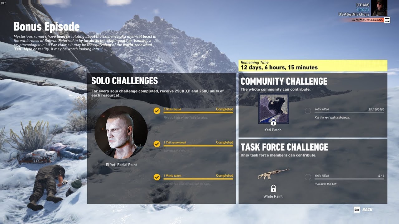 Ghost Recon Wildlands  Bonus Episode Kill The Yeti 4th Time Solo Challenges 1-3