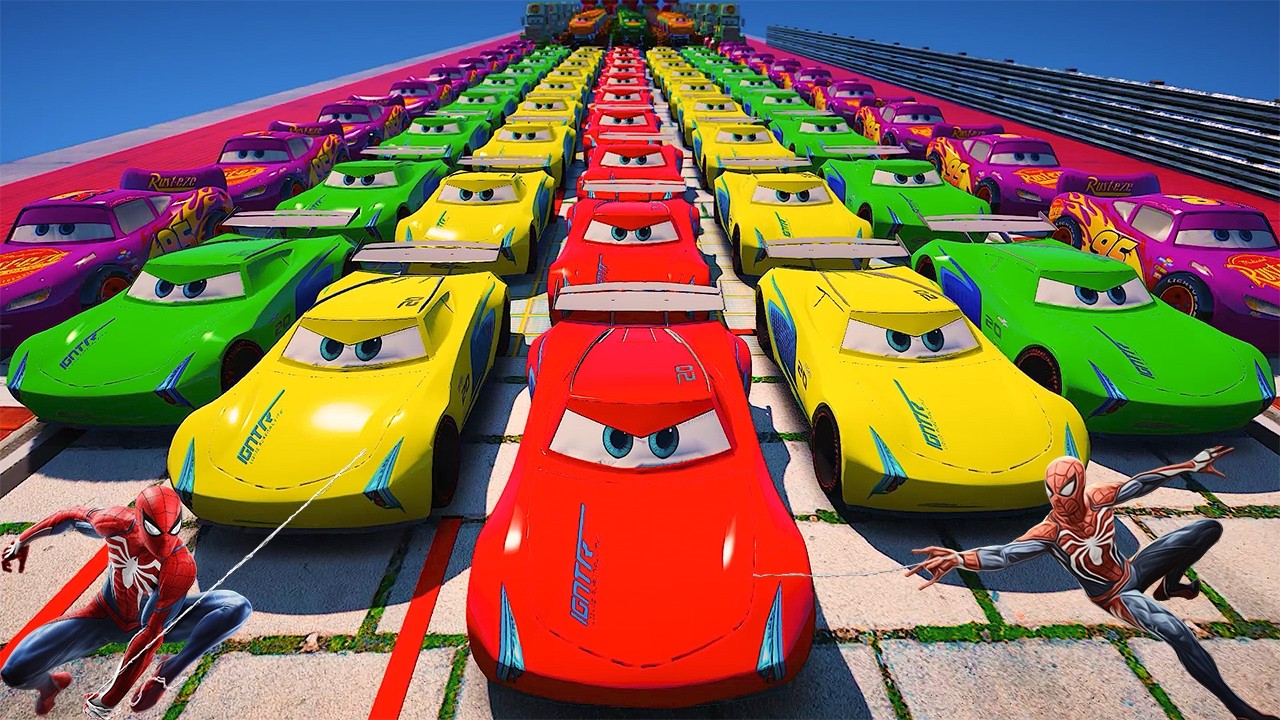 GTA 5 SPIDERMAN Cars Challenge Lightning & Monster McQueen Jackson Storm Miss Fritter & Friends Cars