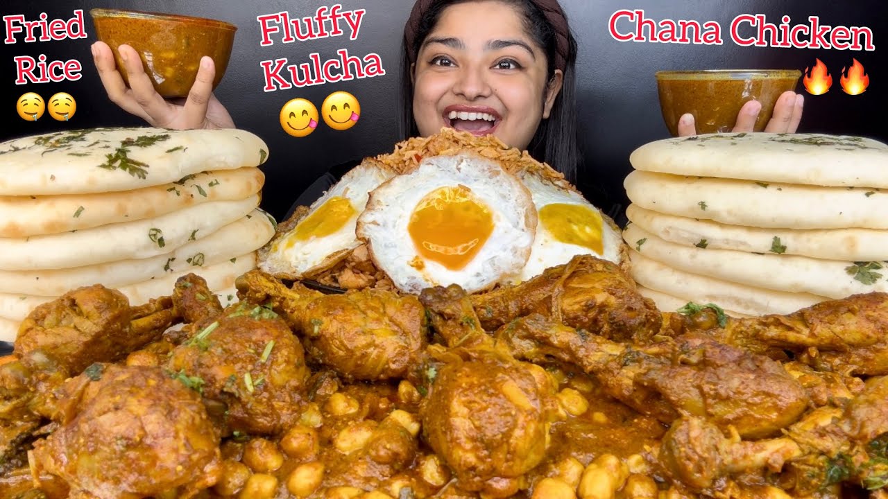 SPICY CHANA CHICKEN🍗 INDONESIAN CHICKEN FRIED RICE WITH EGGS AND FLUFFY BUTTER KULCHA | EATING ASMR