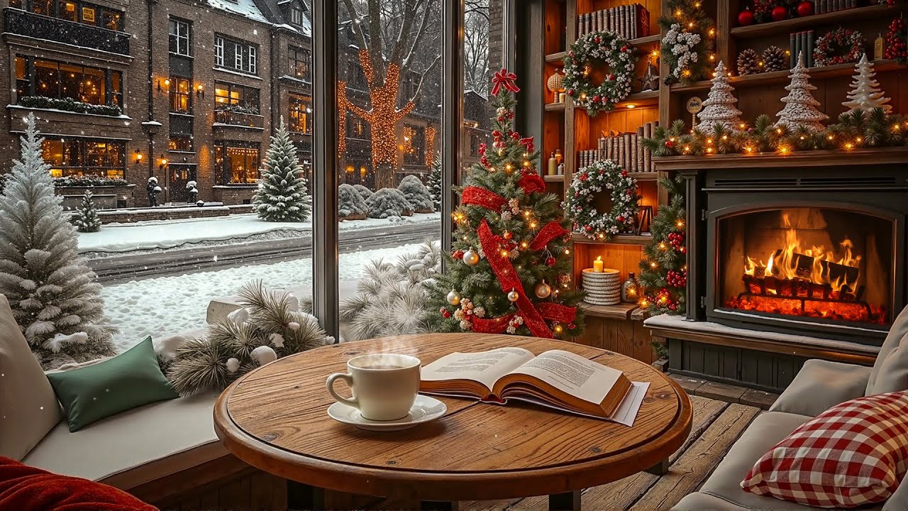 Peaceful Winter Coffeehouse Jazz ❄️☕ Snowy Coffee Shop with Fireplace Sounds for Study & Focus