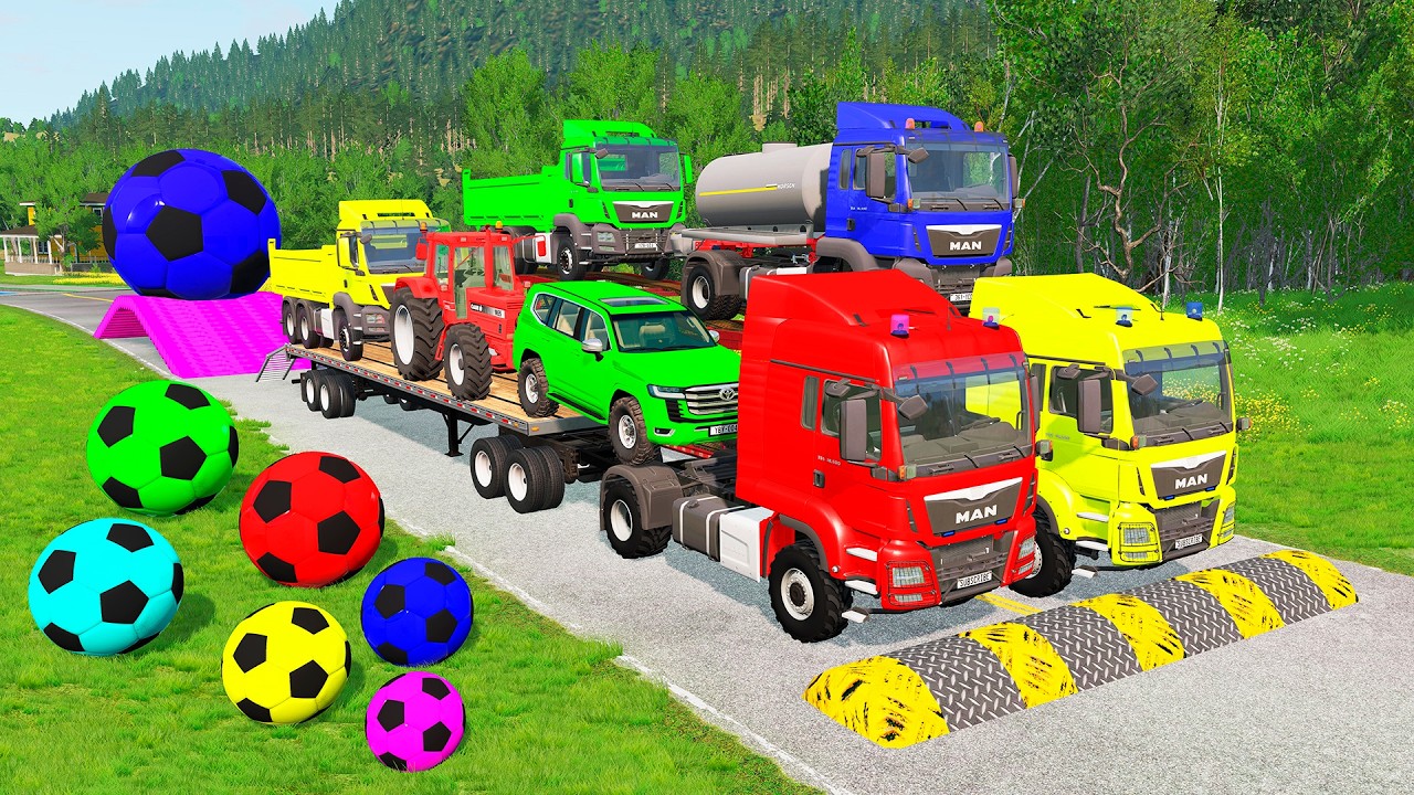 Flatbed Trailer McQueen Transportation with Truck - Speedbumps vs Cars vs Train - BeamNG.Drive #55
