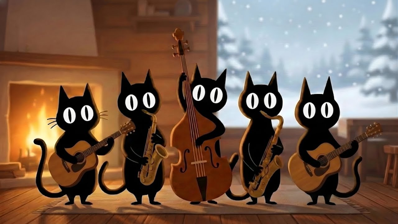 Black Cats Cozy Winter Fireplace Jazz for Focus & Comfortable Work