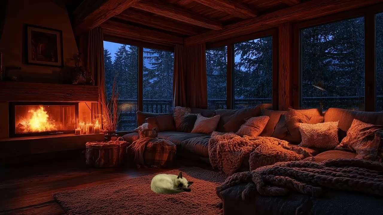 Cozy Gale Cabin Fall Porch Ambience Rain Pumpkins Crackling Fireplace for Sleep & Cozy Evenings
