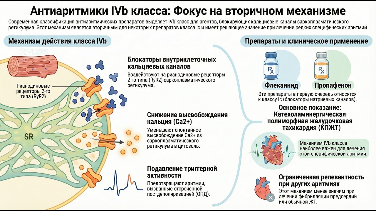Рианодиновые рецепторы, RyR2-каналы: применение антиаритмиков класса IVb (флекаинид, пропафенон)