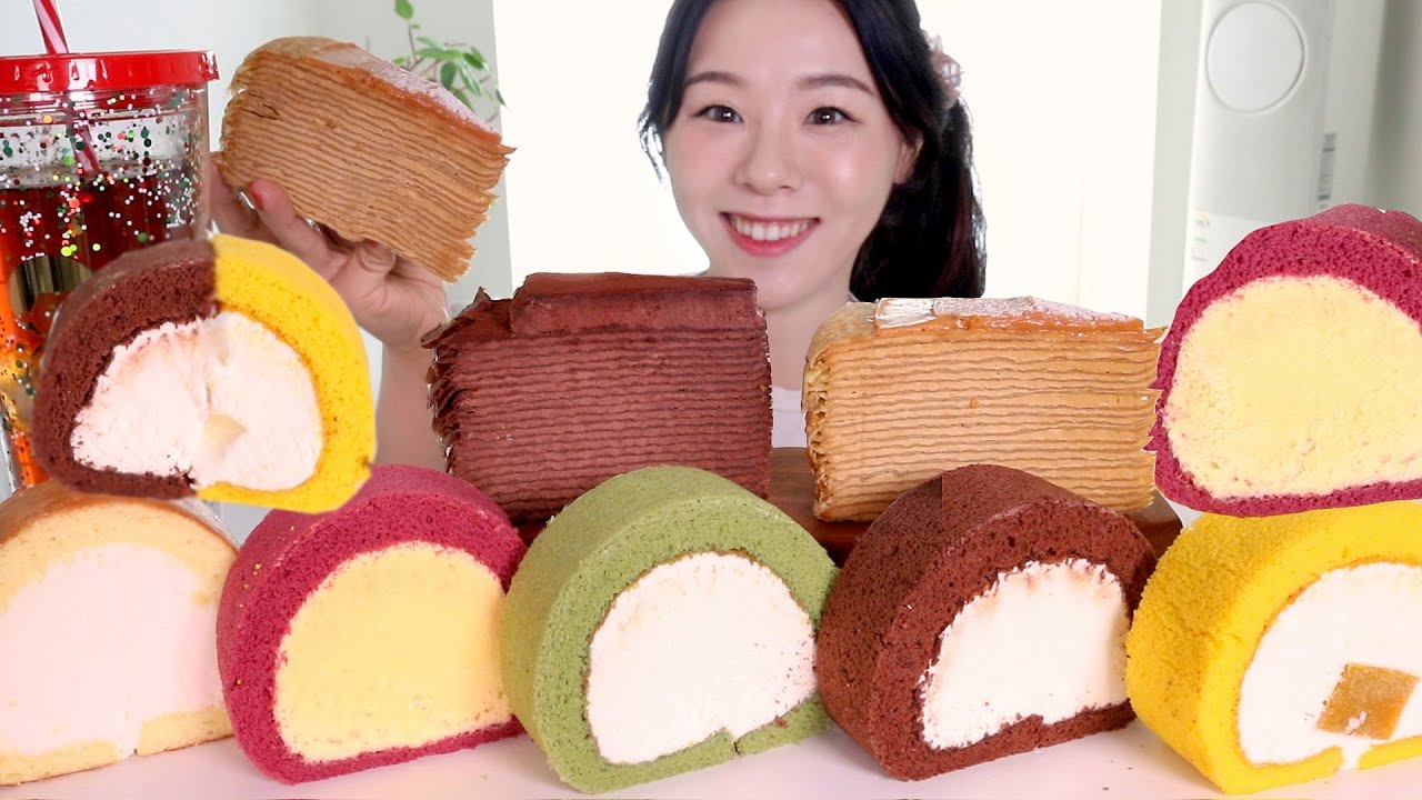 SUB) ASMR Кремовый хлеб и блинный торт Мукбанг 💛 Шоколадный Карамельный торт, Токийский рулет Десерт