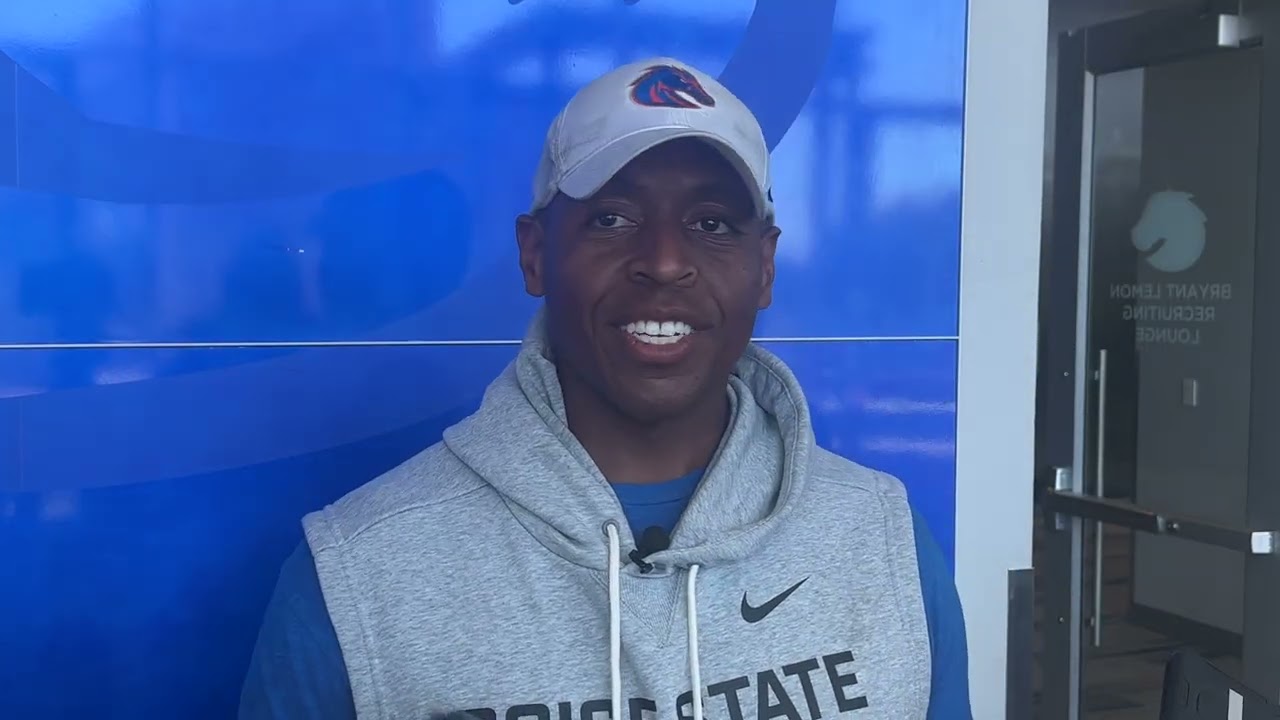 Boise State safeties coach/co-DC Tyler Stockton talks after fall camp practice No. 8 on Wednesday