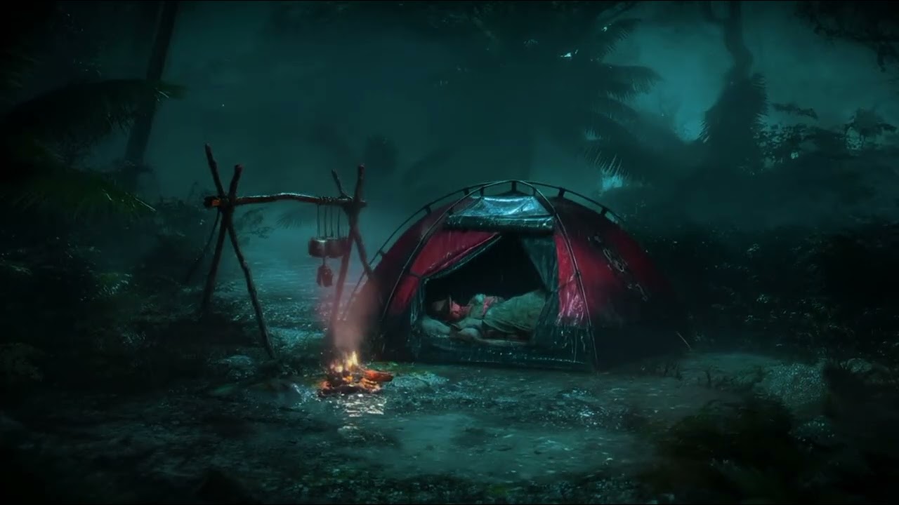 Sleeping in a Rainy Jungle Camp Deep Rain and Campfire Sounds for insomnia & Anxiety Relief