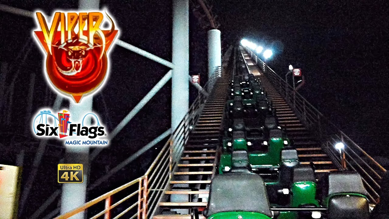 2024 Viper Roller Coaster On Ride Back Seat at Night 4K POV Six Flags Magic Mountain