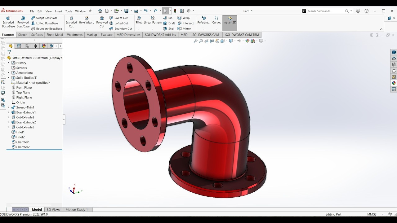 Solid Works Tutorial 90degree angle Elbow Pipe Design Exercise #5