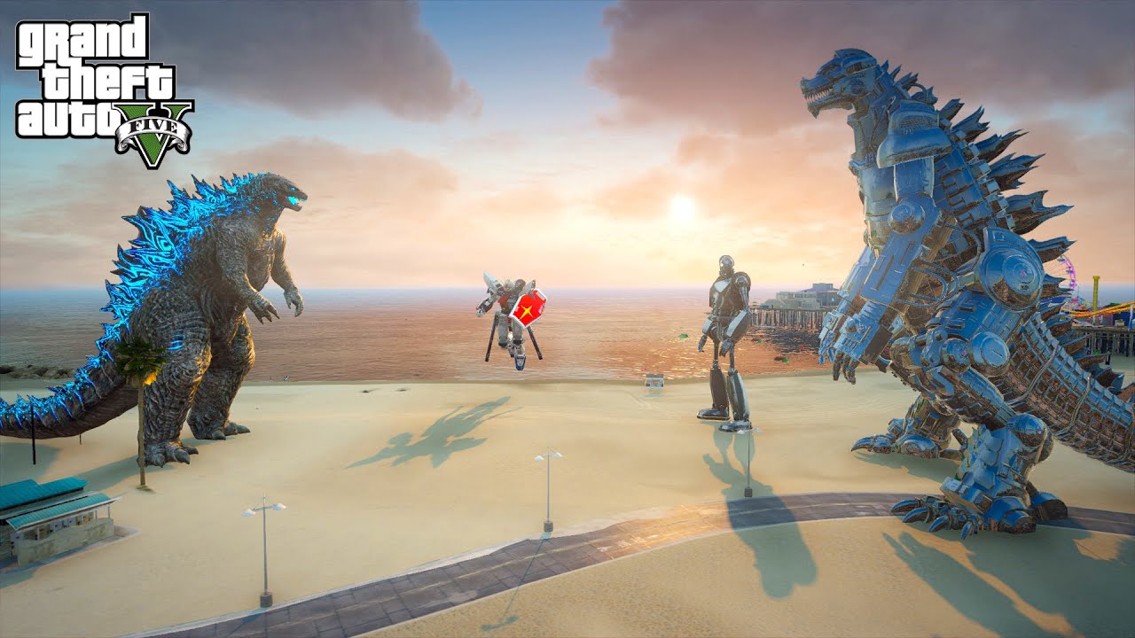 Godzilla vs Ready Player One Mecha, Gundan and Iron Giant - GTA V Mods