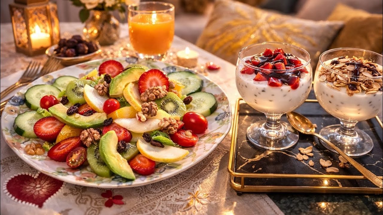 أحلى سلطة مع تحلية خفيفة وسريعة… ذوق راقي فالطبق 😋✨
