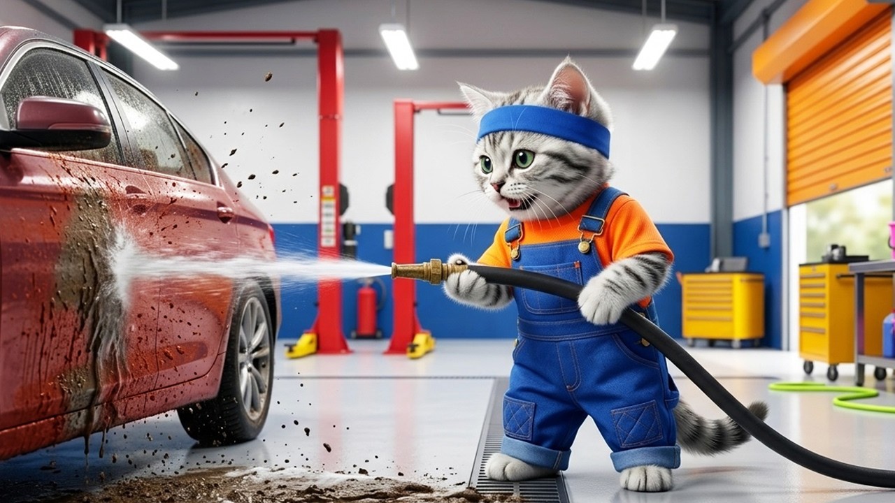 ピカピカにするにゃ!!車を洗う猫店員が奮闘中!!まるりんの一日に密着🐱🚗