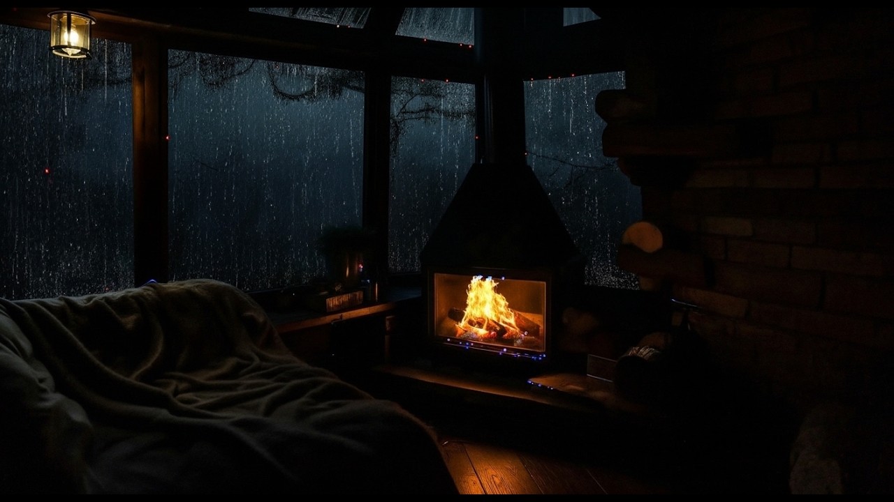 Rainy Night in a Cabin with Fireplace | Cozy Ambience for Relax and Beat Insomnia